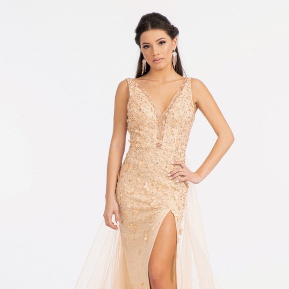 NEW CHAMPAGNE OFF THE SHOULDER LONG MERMAID DRESS WITH SIDE SLIT AND ZIP GL3011